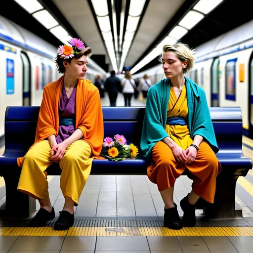 Prompt: An androgynous person is communicating telepathically with another androgynous person. They are sitting on a bench at the underground station of Elephant and Castle, London. There is some space in between them. One is looking away from the other. The other is looking down. They are wearing very colourful old togas. They come from different backgrounds. Colourful and diverse floating flowers are coming out of their heads and meeting in the middle, mid-air.  
The image is realistic, looks like a photo.