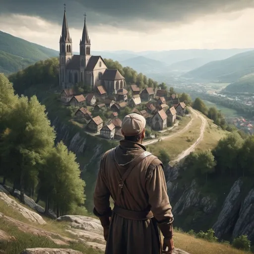 Prompt: Medieval survivor Man looking at the church on a mountain seeing a village with a large church, Forest