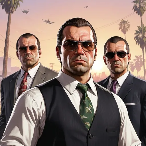 Prompt: GTA V cover art, homme de la mafia arménienne, chemise blanche, cigarette a la bouche, cheveux vers l'arrière, bouc, lunette de soleil, bretelles, cravatte