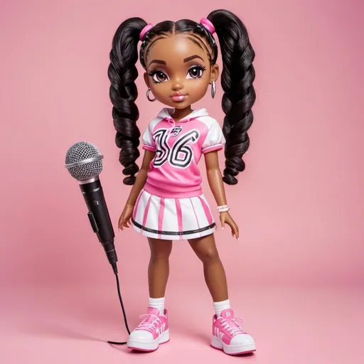 Prompt: Cute 16 year black girl with long pigtails wearing a pink and with sports type dress and white platform shoes holding a mic. Bratz style design