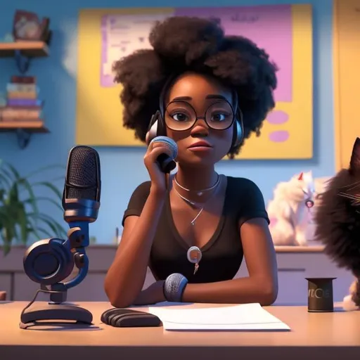 Prompt: A stunning black woman sitting at a desk with a podcast mic in front of her and a cat beside her,  disney Pixar style. 