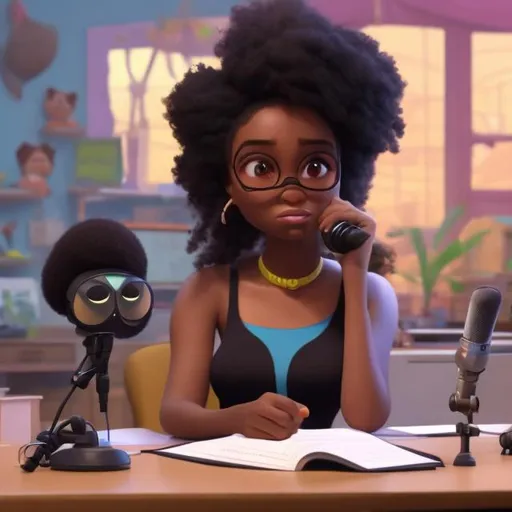 Prompt: A stunning black woman sitting at a desk with a podcast mic in front of her and a cat beside her,  disney Pixar style. 