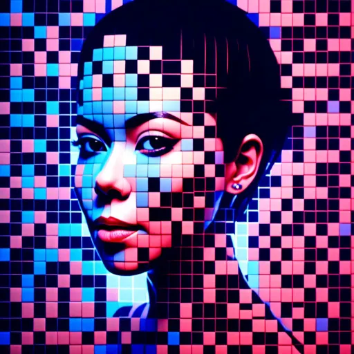 Prompt: <mymodel>3D glass female beauty face and neck completly  made of different sized black outline blocks, emerge from the digital dot matrix, variable colors, highres, detailed, digital art, futuristic, abstract, variable color tones, atmospheric lighting, matrix-style, pixel art, high-tech