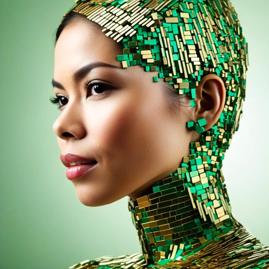 Prompt: <mymodel>a golden head that is made from pixels, in the style of futuristic glamour, green and bronze, photorealistic detail, fragmented advertising, photo-realistic techniques, emek golan, graphic textures
