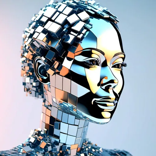 Prompt: <mymodel>3D abstract glass face of a woman build from digital metallic shapes and cubes, high-tech, futuristic, detailed features, professional, digital style, futuristic lighting, face is covered with metallic shapes and cubes 
