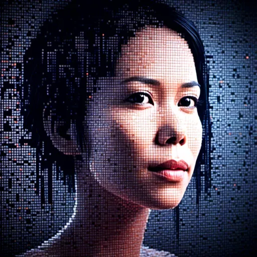 Prompt: <mymodel>3D glass female face, large pixel art, emerge from digital dot matrix, variable colors, highres, detailed, futuristic, abstract, atmospheric lighting, matrix-style, high-tech