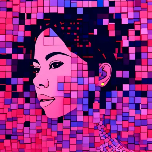 Prompt: <mymodel>3D glass female beauty face and neck completly  made of different sized black outline blocks, emerge from the digital dot matrix, variable colors, highres, detailed, digital art, futuristic, abstract, variable color tones, atmospheric lighting, matrix-style, pixel art, high-tech
