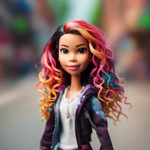 Prompt: <mymodel> realistic bratz doll walking down a sidewalk, with multi coloured long curly hair, boss beauty facial expression, big lips, blurred background,  cinematic, masterpiece, photorealistic, Andries Both, plasticien, stylized, concept art