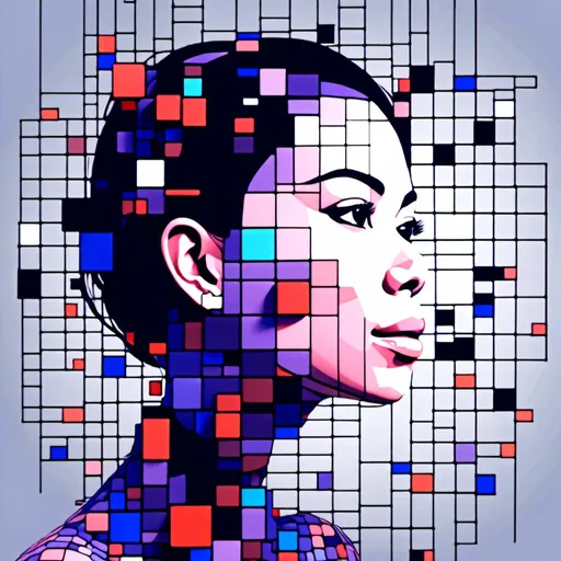 Prompt: <mymodel>3D glass female face and neck, boss beauty facial expression, completly  made of different sized black outline blocks, emerge from the digital dot matrix, variable colors, highres, detailed, digital art, futuristic, abstract, variable color tones, atmospheric lighting, matrix-style, pixel art, high-tech