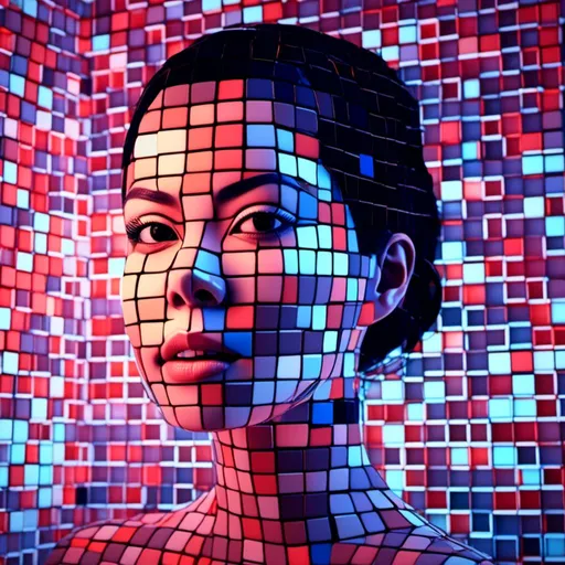 Prompt: <mymodel>3D glass female beauty face and neck completly  made of different sized black outline blocks, emerge from the digital dot matrix, variable colors, highres, detailed, digital art, futuristic, abstract, variable color tones, atmospheric lighting, matrix-style, pixel art, high-tech
