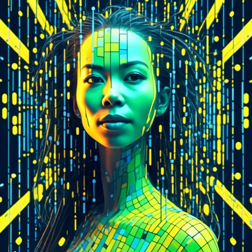 Prompt: <mymodel>3D Futuristic digital art of a woman emerging from a digital dot matrix, line and square dark yellow face, blue light green long hair, face completly emerged from abstract lines and square and vibrant colors, high-tech, futuristic, detailed features, professional, futuristic lighting
