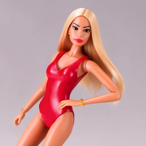 Prompt: <mymodel> realistic big bratz doll strong out couture posing wearing short red one piece swimsuit, CUP D, with blond long straight hair, boss beauty facial expression, big lips, white background,  cinematic, masterpiece, photorealistic, Andries Both, plasticien, stylized, concept art, just one figure on a picture