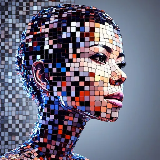 Prompt: <mymodel>3D glass female beauty face and neck completly  made of different sized black outline blocks, emerge from the digital dot matrix, variable colors, highres, detailed, digital art, futuristic, abstract, variable color tones, atmospheric lighting, matrix-style, pixel art, high-tech
