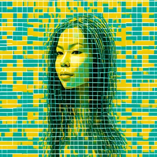 Prompt: <mymodel>pixel art style, 3D Futuristic digital art of a glass woman face emerging from a digital dot matrix, line and square dark yellow face, she has light green long hair like dread looks with cubes and lines, she has a very little smile, face completly emerged from abstract lines and square and vibrant colors, high-tech, glass texture,  
futuristic, detailed features, professional, futuristic lighting, 4k
