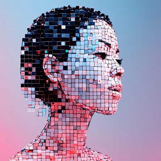 Prompt: <mymodel>3D glass female beauty face and neck completly  made of different sized black outline blocks, emerge from the digital dot matrix, variable colors, highres, detailed, digital art, futuristic, abstract, variable color tones, atmospheric lighting, matrix-style, pixel art, high-tech
