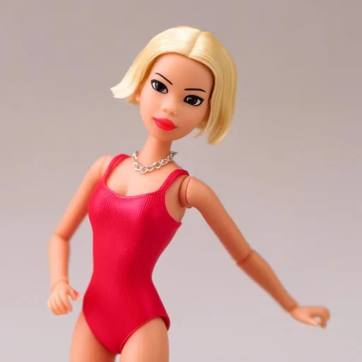 Prompt: <mymodel> realistic little bitchy bratz doll posing and wearing a short red one piece swimsuit, with blond hair, full body, big head,  boss beauty facial expression, big lips, big cat eyes, big eyelashes, white background,  cinematic, masterpiece, photorealistic, plasticien, stylized