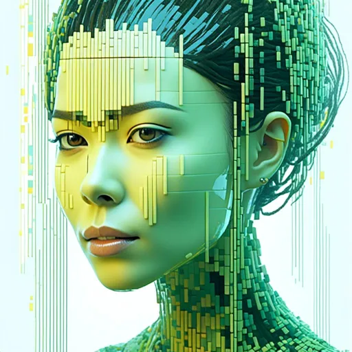 Prompt: <mymodel>pixel art style, 3D Futuristic digital art of a glass woman face emerging from a digital dot matrix, line and square dark yellow face, she has light green long alien hair liek dread looks with cubes and lines, face completly emerged from abstract lines and square and vibrant colors, high-tech, glass texture,  
futuristic, detailed features, professional, futuristic lighting, 4k
