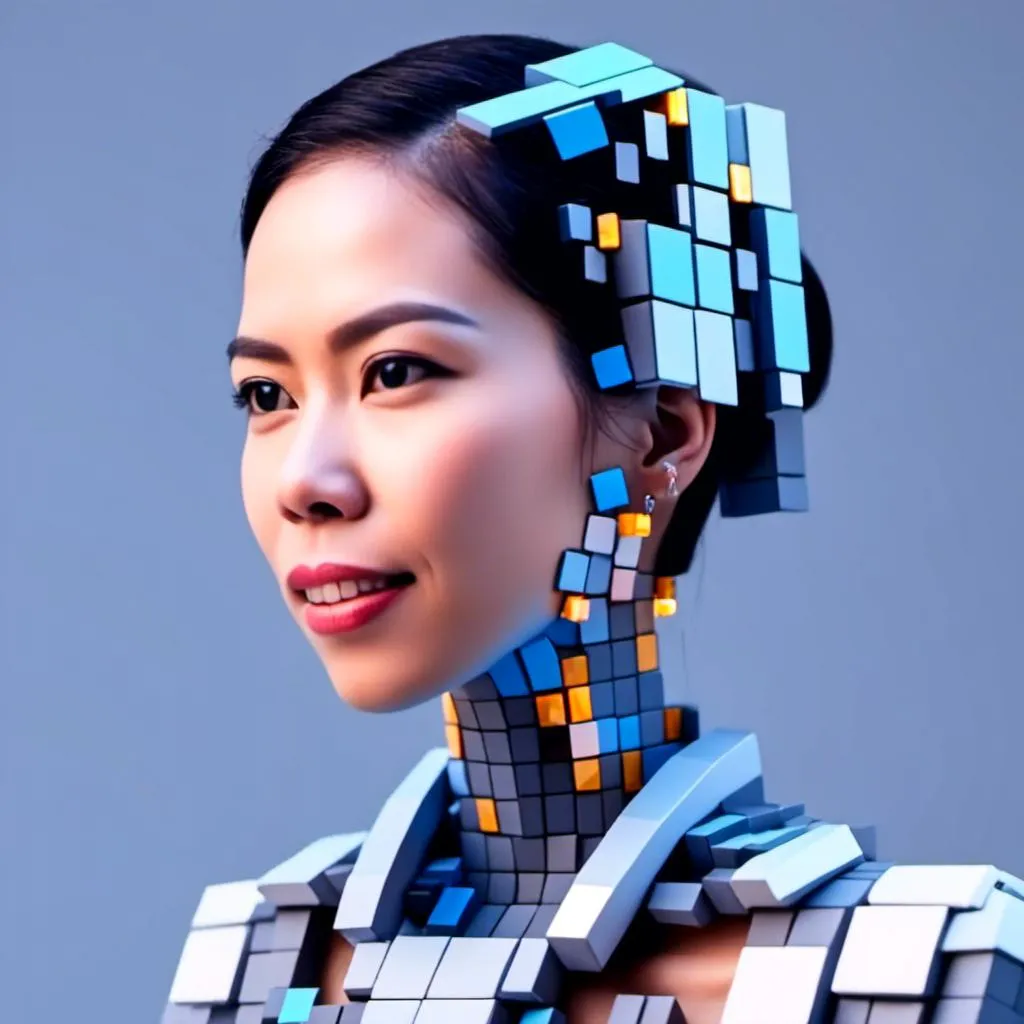 Prompt: <mymodel>3D face and neck of a woman build in game-minecraft style, use digital metallic shapes and cubes, high-tech, futuristic, detailed features, professional, futuristic lighting