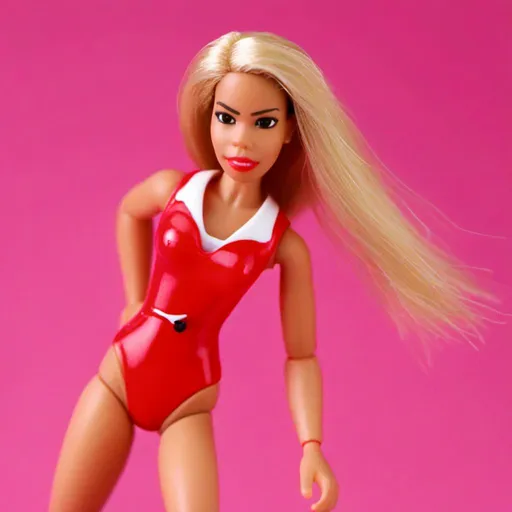 Prompt: <mymodel> realistic high bratz doll strong out couture posing wearing short red one piece swimsuit, CUP D, with blond long straight hair, boss beauty facial expression, big lips, white background,  cinematic, masterpiece, photorealistic, Andries Both, plasticien, stylized, concept art, just one figure on a picture