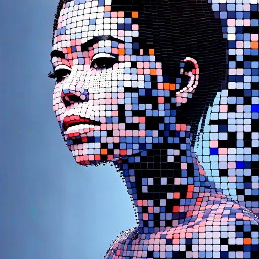 Prompt: <mymodel>3D glass female beauty face and neck completly  made of different sized black outline blocks, emerge from the digital dot matrix, variable colors, highres, detailed, digital art, futuristic, abstract, variable color tones, atmospheric lighting, matrix-style, pixel art, high-tech
