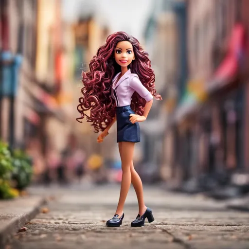 Prompt: <mymodel> realistic bratz doll walking down a sidewalk, with multi coloured long curly hair, boss beauty facial expression, big lips, blurred background,  cinematic, masterpiece, photorealistic, Andries Both, plasticien, stylized, concept art