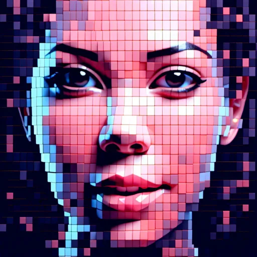 Prompt: <mymodel>3D glass female face complet in very large pixel, pixel art, pixel art style, emerge from the digital dot matrix, variable colors, highres, detailed, digital art, futuristic, abstract, variable color tones, atmospheric lighting, matrix-style, pixel art, high-tech