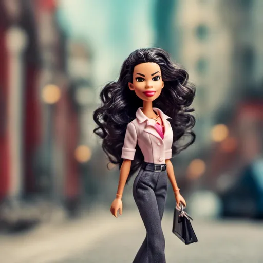Prompt: <mymodel> realistic bratz doll walking down a sidewalk, with extravagant hair, boss beauty facial expression, big lips, blurred background,  cinematic, masterpiece, photorealistic, Andries Both, plasticien, stylized, concept art