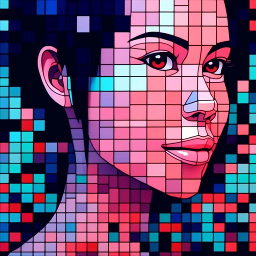 Prompt: <mymodel>3D glass female beauty face and neck completly  made of different sized black outline blocks, game-minecraft style, variable colors, highres, detailed, digital art, futuristic, abstract, variable color tones, atmospheric lighting, matrix-style, pixel art, high-tech
