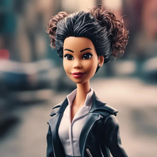 Prompt: <mymodel> realistic bratz doll walking down a sidewalk, with extravagant hair, boss beauty facial expression, big lips, blurred background,  cinematic, masterpiece, photorealistic, Andries Both, plasticien, stylized, concept art