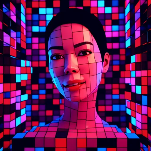 Prompt: <mymodel>3D glass female beauty face and neck completly  made of different sized black outline blocks, game-minecraft style, variable colors, highres, detailed, digital art, futuristic, abstract, variable color tones, atmospheric lighting, matrix-style, pixel art, high-tech
