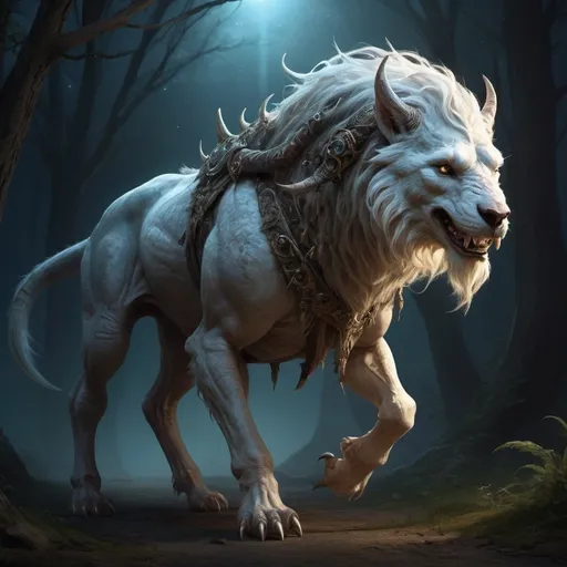 Prompt: a four-legged creature used as a transport, high quality, fantasy concept art, detailed creature design, majestic creature, magical lighting, mythical beast, mystical atmosphere