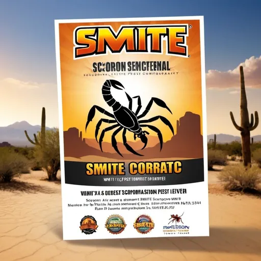 Prompt: Create a flyer for a pest control company called Smite in Arizona with Scorpion as a logo and desert background. The contact phone number will be 623-363-3124