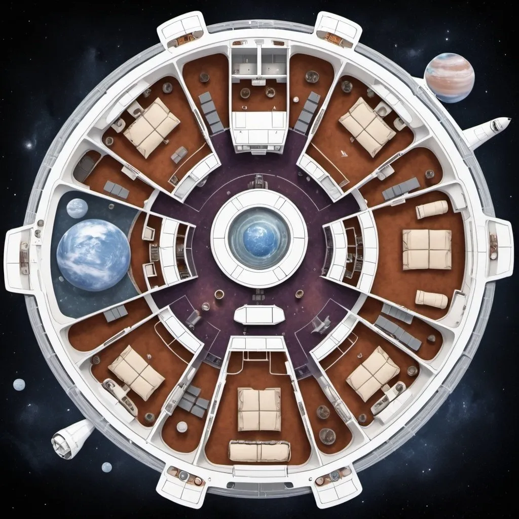 Prompt: A floorplan for interplanetary space ship for civilians with similar amenties to a cruise ship.