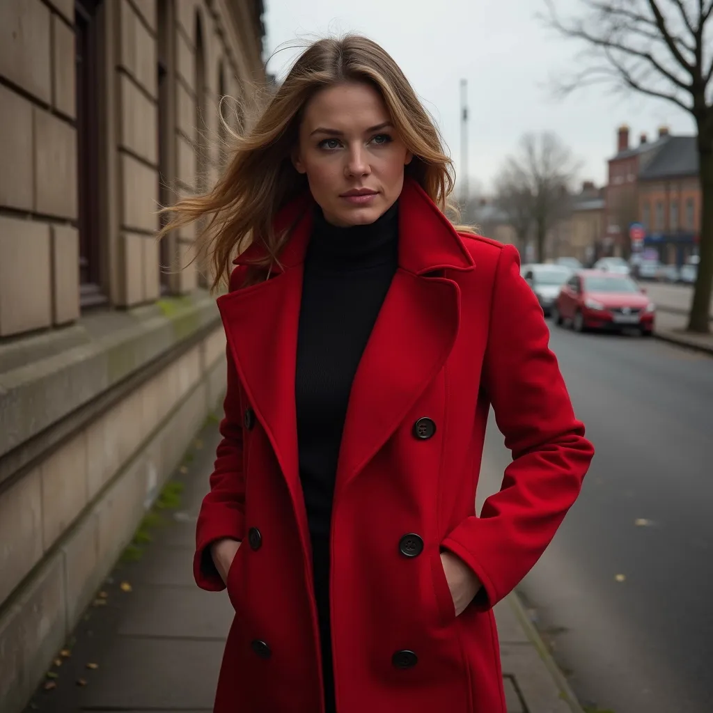 Prompt: ABRIGO ROJO MUJER