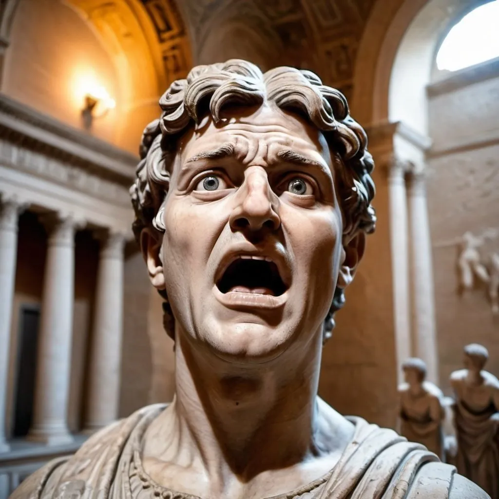 Prompt: a Meme. A look of extreme surprise. Mouth agape. Raised eyebrows. ancient roman internet meme culture. An ancient stone roman. Standing in on the statue base in ancient roman room in the background.