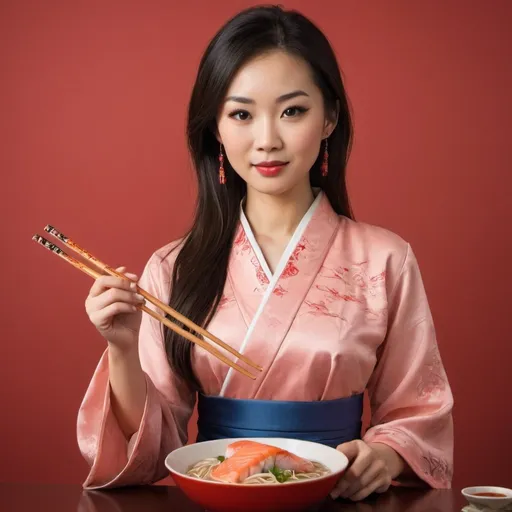 Prompt: An attractive asian lady in Chinese traditional modern style cloth. Looking good and confident. Holding a chopstick with long noodle made out of salmon. The noodle is long out out the bowl. In a Chinese vibe setting background.
