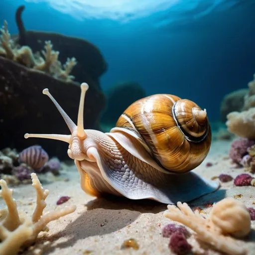 Prompt: /imagine escargot de mer nageant avec les poissons dans le fond des océans