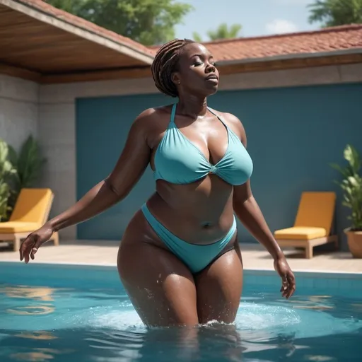 Prompt: une très grosse femme africaine, femme obèse, entrain de nager, à la piscine, elle nage dans l'eau de loin, nage en partant, arrière plan piscine, image 4k réaliste