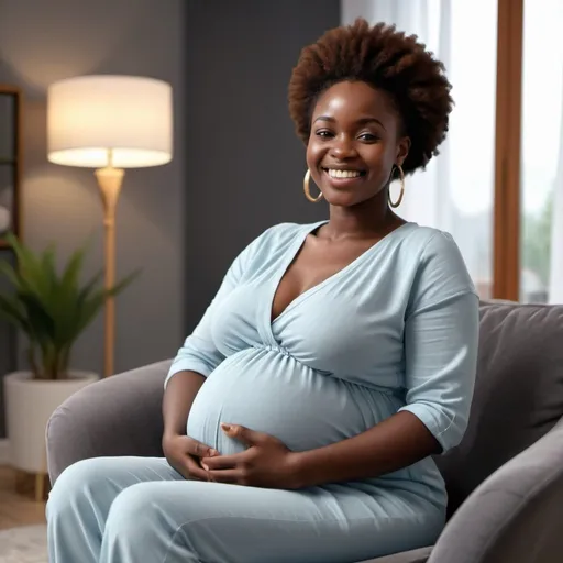 Prompt: une femme africaine, enceinte, toute souriante, regardant le ventre assise dans son canapé dans son salon, arriere plan interieur d'un salon, image 4k realiste
