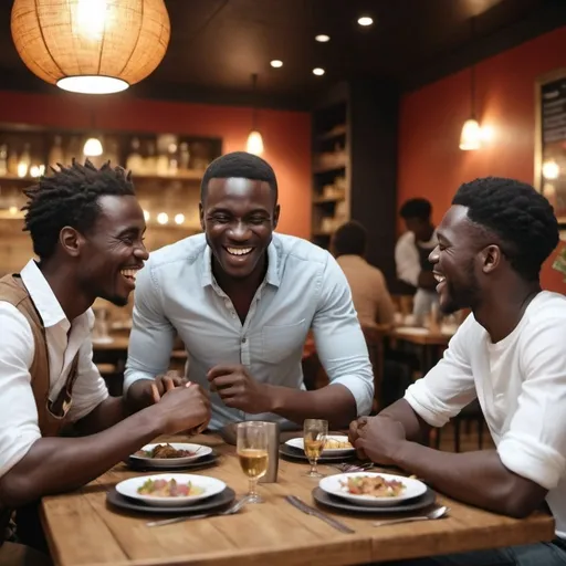 Prompt: un groupe d'homme africain, souriant, célébrant ensemble, dans une atmosphère de joie, arrière plan l'intérieur d'un restaurant, image 4k réaliste