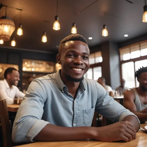 Prompt: cinq homme africain, souriant, assis dans un restaurant, célébrant ensemble, dans une atmosphère de joie, arrière plan l'intérieur d'un restaurant, image 4k réaliste