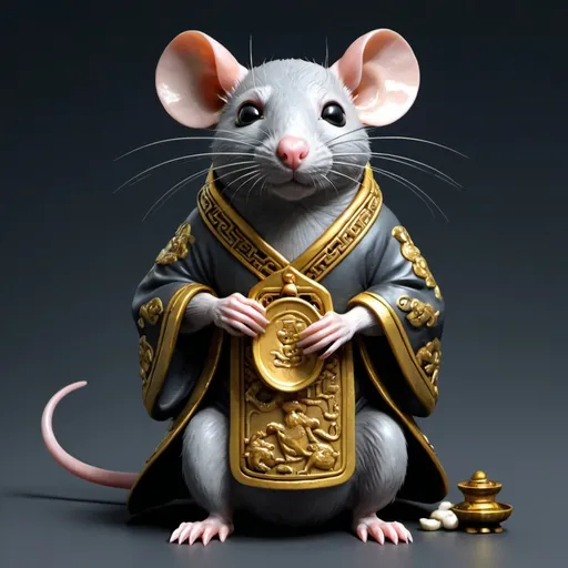 Prompt: Appearance:
Humanoid form: The Rat deity is frequently depicted in a humanoid form, often with rat-like features such as long whiskers, sharp teeth, and small beady eyes.
Animal form: Alternatively, the Rat deity might be portrayed in its animal form, typically as a large, ornate rat wearing imperial robes or carrying symbols of wealth.
Colors: The colors associated with the Rat are often gold, silver, and black. These colors represent wealth, prosperity, and mystery.
Symbolism:
Wealth and abundance: The Rat is strongly associated with wealth and abundance. This is due to the animal's reputation for hoarding food and treasures.
Adaptability: The Rat is also a symbol of adaptability and resourcefulness. Rats are known for their ability to survive in a variety of environments.
New beginnings: As the first animal in the Chinese zodiac, the Rat represents new beginnings and opportunities.
Attributes:
Cunning: The Rat is often depicted as a cunning and intelligent creature, able to outwit its enemies.
Prosperous: The Rat deity is often seen as a bringer of good fortune and prosperity.
Protective: Many people believe that the Rat deity can protect them from harm and bring good luck.
Poses and Objects:
Holding ingots: The Rat deity is often depicted holding gold ingots, symbolizing wealth.
Sitting on a pile of coins: This image emphasizes the Rat's association with abundance and prosperity.
Surrounded by grain: This symbolizes the Rat's role as a provider of food and sustenance.