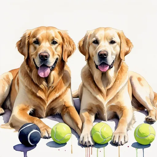 Prompt: A watercolor print of a golden retriever and 
labrador retriever sitting together surrounded with tennis balls and dog toys