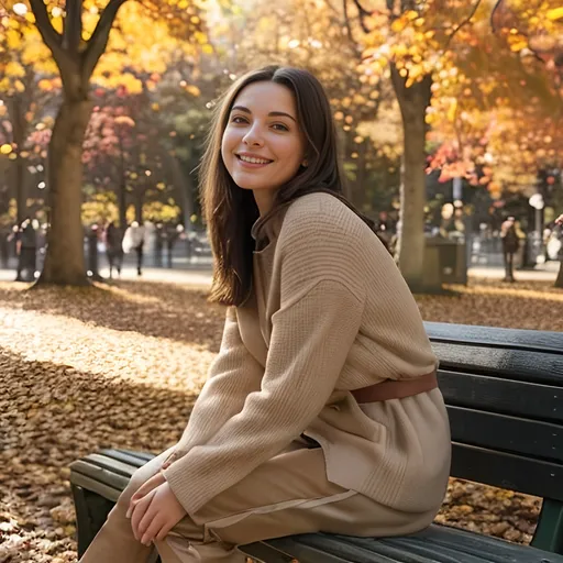 Prompt: (photorealistic) brunette woman, full body image, sitting on a city bench, surrounded by autumn foliage, looking away from the camera, Smiling vibrant fall colors, warm gentle sunlight filtering through trees, capturing a moment of tranquility, detailed facial features and relaxed pose, ultra-detailed.