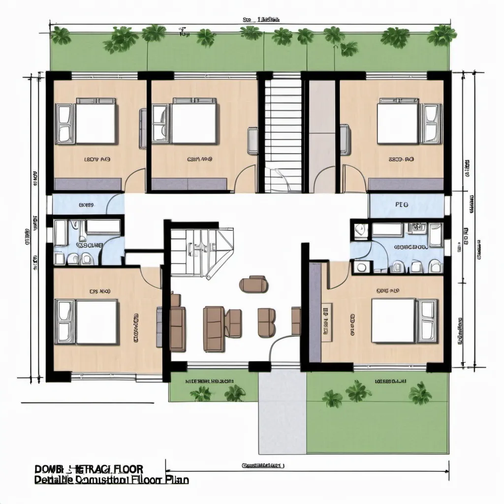 Prompt: Create a detailed construction floor plan for a double-story terrace house with the following specifications:

	•	Ground Floor:
	•	A living hall at the front, occupying most of the floor width (approx. 10ft x 20ft).
	•	A kitchen towards the back, located centrally, with dimensions around 10ft x 10ft.
	•	A study room next to the kitchen (6ft x 10ft) for home office or guest room use.
	•	One toilet at the rear (approx. 4ft x 6ft), adjacent to the study room.
	•	Include doors for the study room and toilet, and windows for natural light in the living hall, kitchen, and study room.
	•	First Floor:
	•	A master bedroom at the front (approx. 12ft x 20ft) with an ensuite bathroom (attached).
	•	At the back, two bedrooms (each 10ft x 10ft) with a shared bathroom positioned between them.
	•	Windows for the master bedroom and both back bedrooms for ventilation.
	•	Door placements for bedrooms and bathrooms.
	•	Include external and internal wall thicknesses, and ensure functional flow between rooms. The staircase should be placed to minimize space usage.