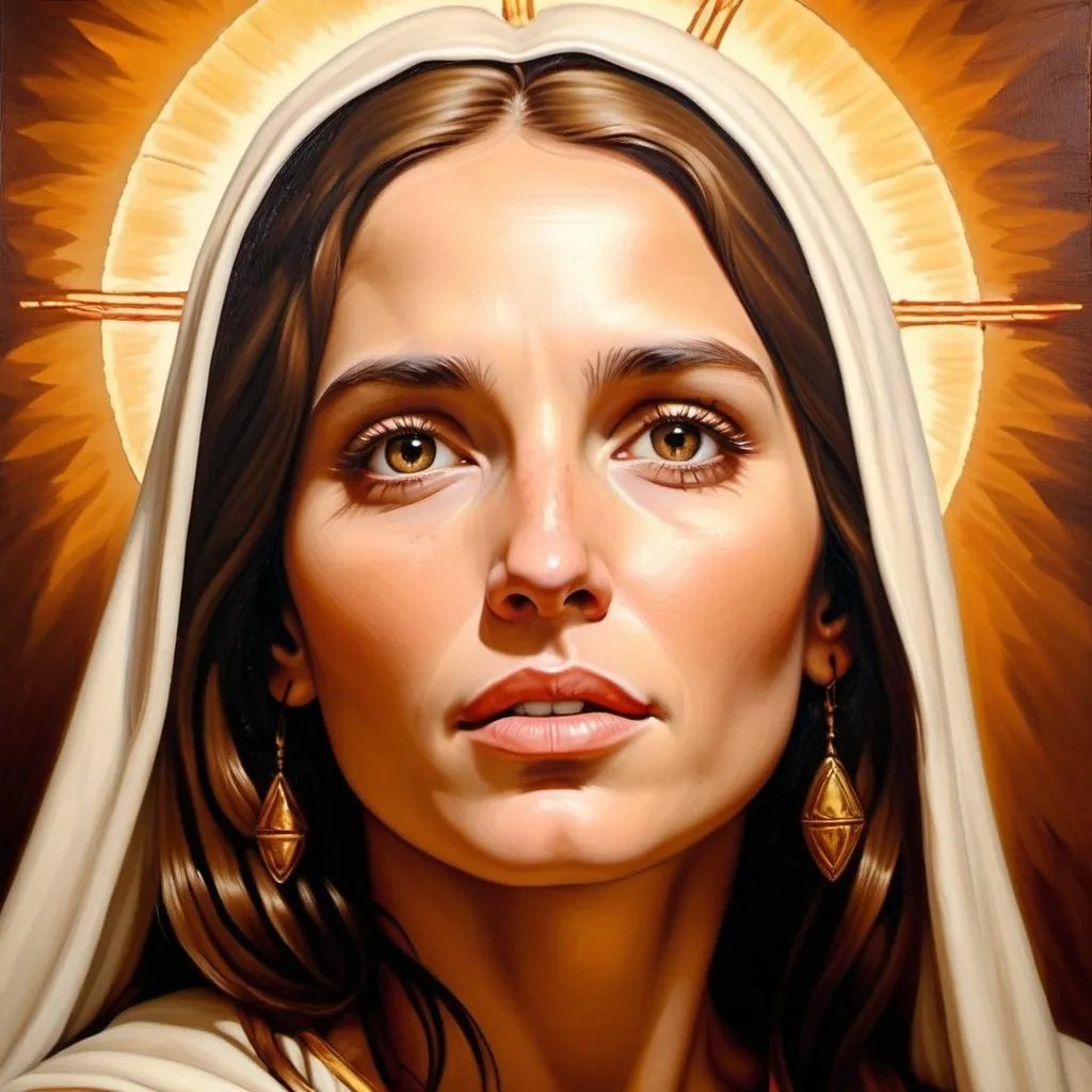 Prompt: female Jesus, oil painting, detailed beard and facial features, realistic portrayal, high quality, religious art, warm earthy tones, divine lighting, spiritual atmosphere