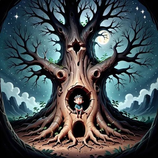 Prompt: Description: An finds a large tree with roots forming a small hollow where he can rest for the night. He sits inside the hollow, looking a bit scared but trying to stay brave. The night sky is visible through the trees, with stars beginning to appear.
Elements to include: An in a hollow formed by tree roots, night sky with stars, a calm yet slightly anxious expression on An’s face.


