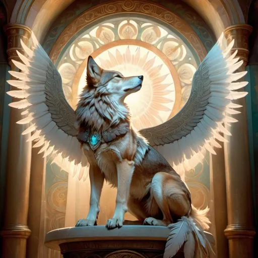 Prompt: winged wolf, feathers, soft lighting, floating, halo lighting, guardian atmosphere, sacred, temple background