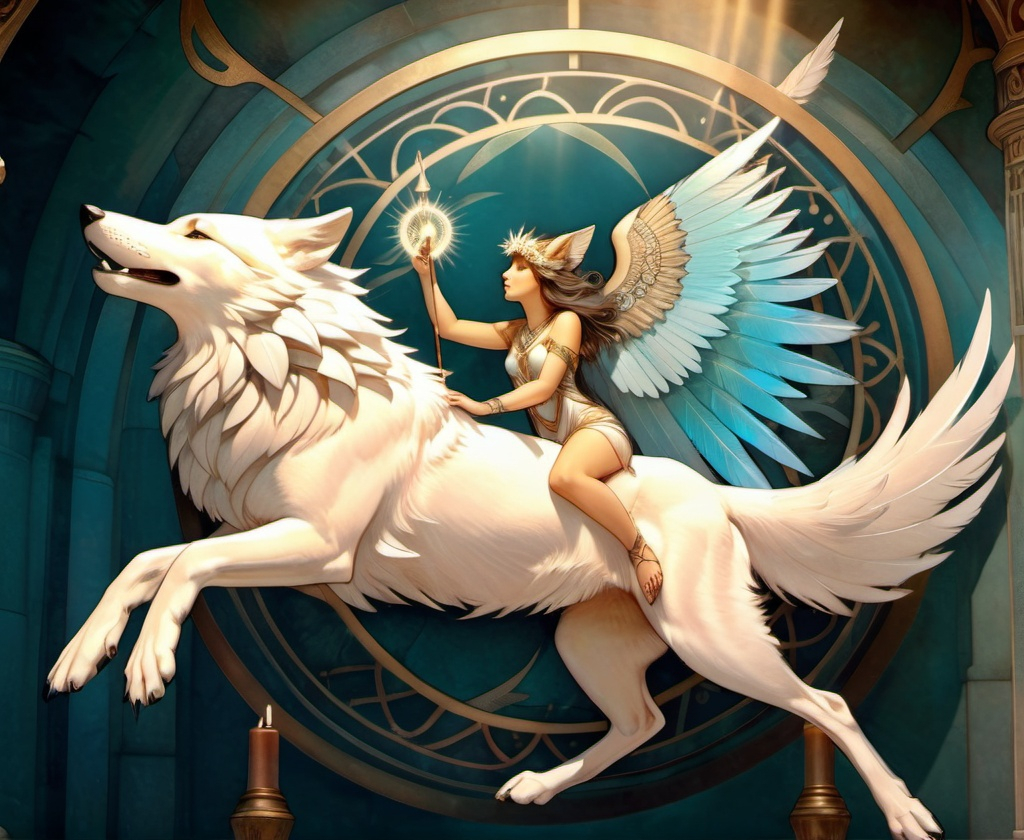 Prompt: winged wolf, feathers, soft lighting, floating, halo lighting, guardian atmosphere, sacred, temple background