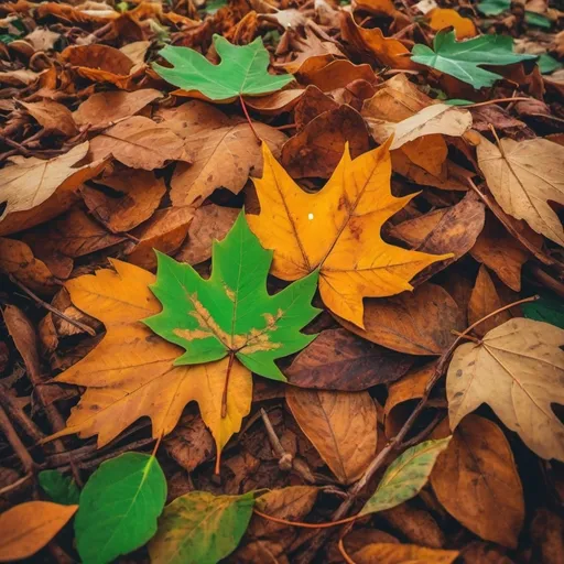 Prompt: high creative, autumn colors, fallen leafs, leafs rusted, autumn cozy light, light marron mixed with vibrant green, emotions, sadness, unknown, curiosity